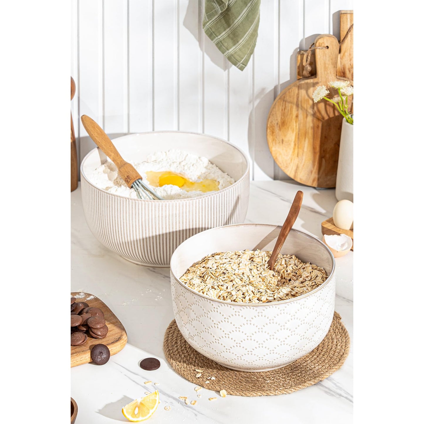 Mikiegy Ceramic Mixing Bowls Set of 2, Nesting Ceramic Embossment Stoneware Mixing Bowls for Cooking, Serving, Popcorn, Salad etc, Microwave & Dishwasher Safe, 98/145 oz, Off-White
