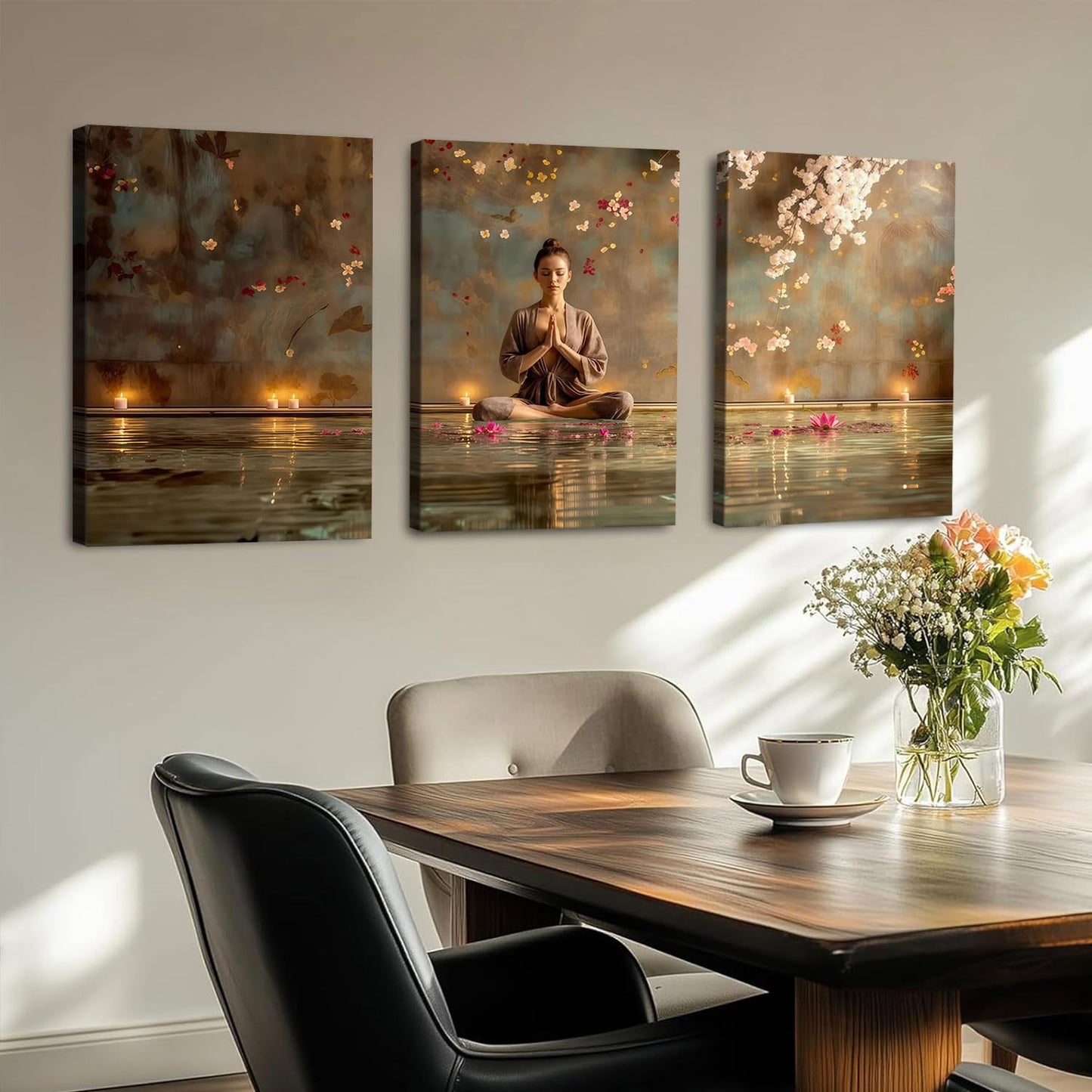 Framed Abstract Yoga and Meditation Wall Art 3 Piece Set - Living Room Yoga Studio Spa Meditation Buddha and Floating Lotus Wall Decoration with Candles and Cherry Blossoms, Serene Woman Unstressing, For Home, Office, Bedroom, Multi-coloured Contemporary