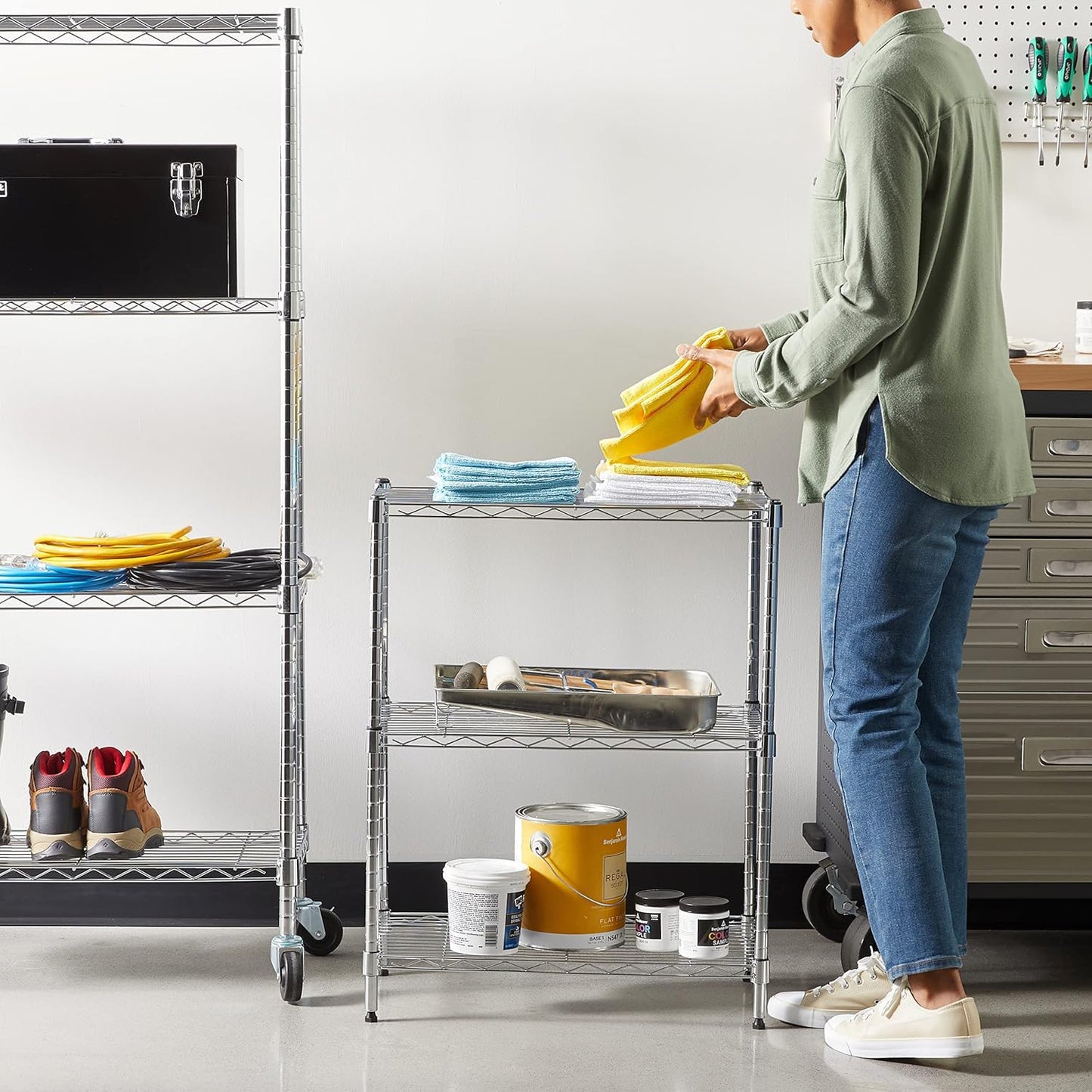 Amazon Basics 3-Shelf Adjustable Heavy Duty Steel Wire Rack Storage Shelving Organizer for Kitchen, Garage, 23.2" L x 13.4" W x 30" H, Black