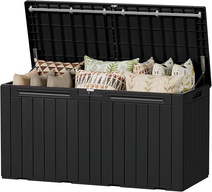 Devoko 100 Gallon Outdoor Storage Box, Waterproof Resin Deck Box for Patio Furniture, Lockable Container for Garden Cushions & Pool Supplies (Black, 100 Gallon)