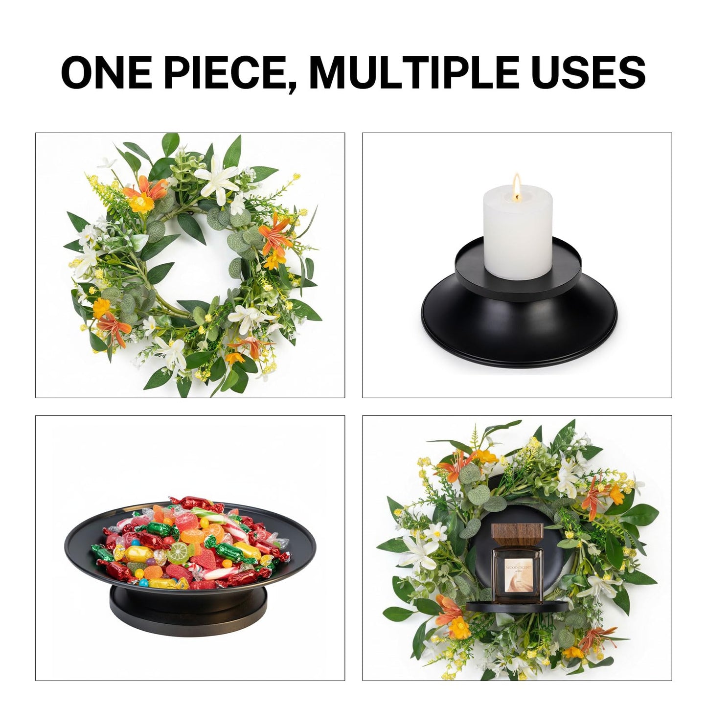MOYEE Summer Centerpieces for Tables Candle Ring, Black Metal Candlestick with an Artificial Wreaths 14 in Versatile Dining Table Centrepiece (an Orange and White Wreath)