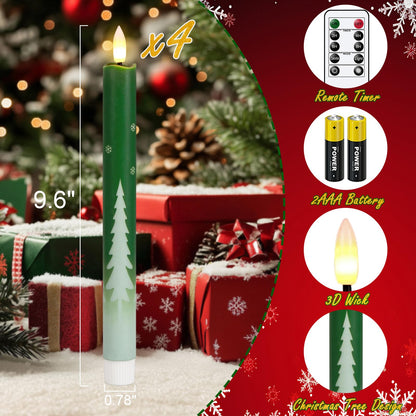 KunSwenn Christmas Tree Candles, Waxy LED Flamless Taper Candles with Remote Timer, Green Flameless Candlesticks with Tree Decals for Christmas Home Holiday Decorations(Set of 4, 0.78”x9.6”)