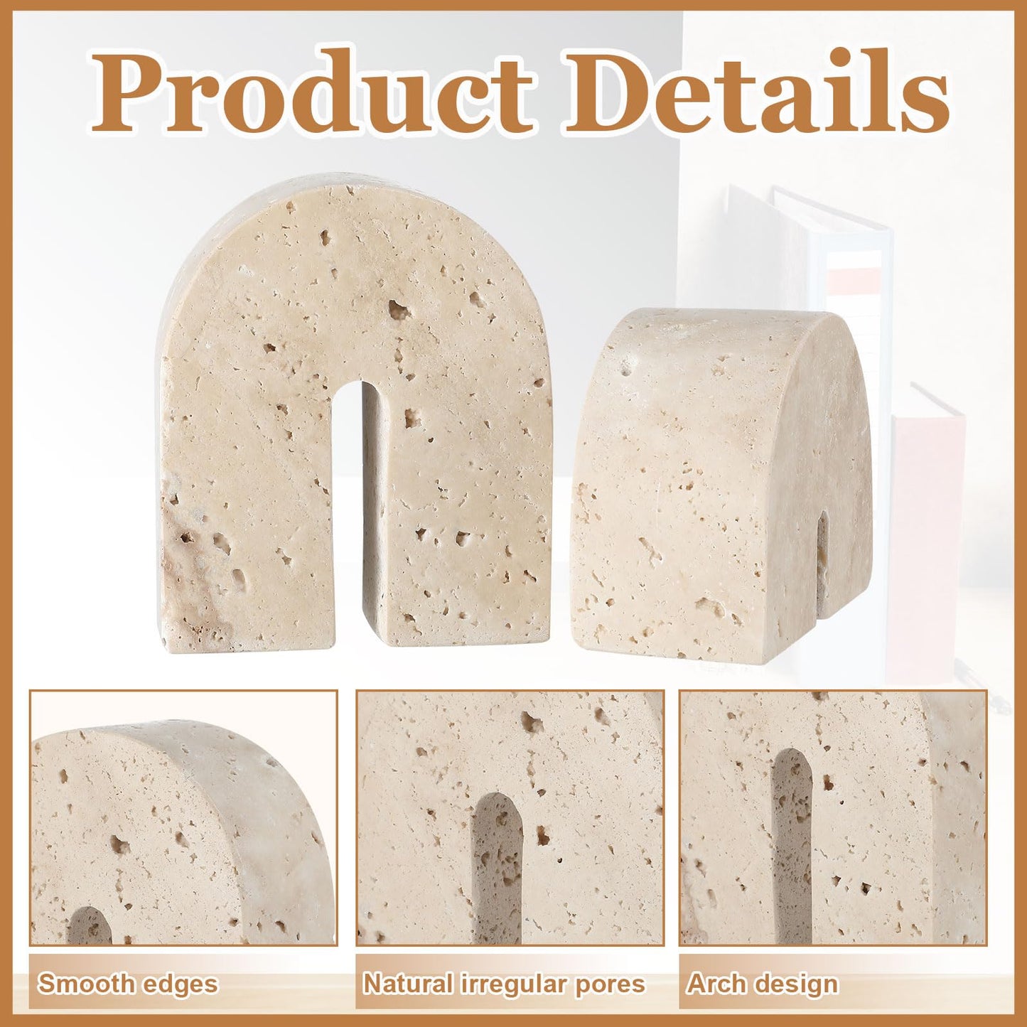 Newtay 2 Pcs Marble Bookends for Shelves 5 Inch and 3 Inch Natural Travertine Book Ends Decorative Stone Bookends Heavy Duty Marble Book Holder for Bookshelf Home Decor