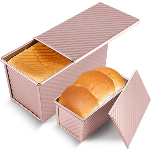 Pavsrmy 2 Pack Pullman Loaf Pan with Lid, 1 lb/0.5 lb Dough Capacity, Premium Non-Stick Sandwich Bread Loaf Pan with Lid, Carbon Steel Corrugated Bread Toast Box Mold with Cover for Baking