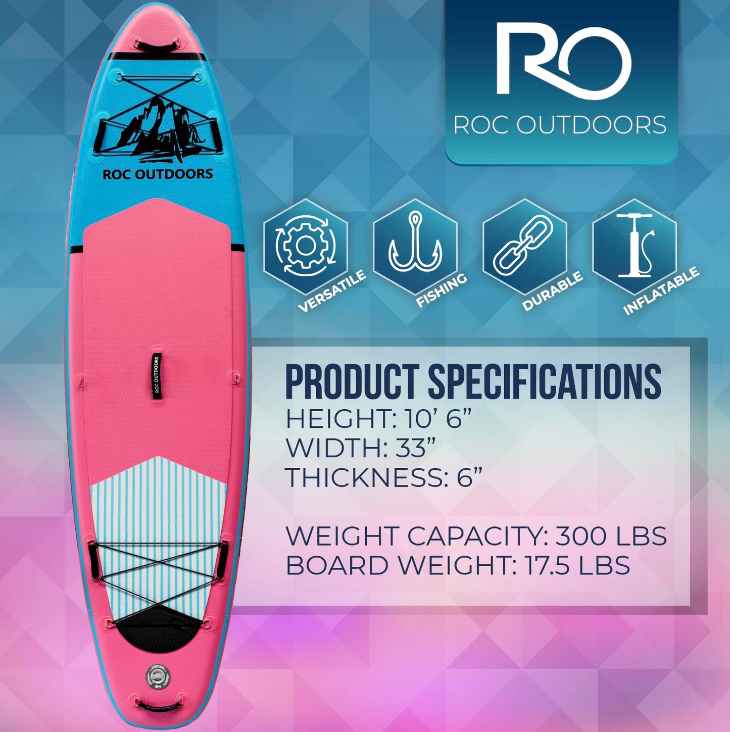 Roc Inflatable Stand Up Paddle Board 10' 6" with Premium SUP Paddle Board Accessories, Wide Stable Design, Non-Slip Comfort Deck for Youth & Adults (Pink)