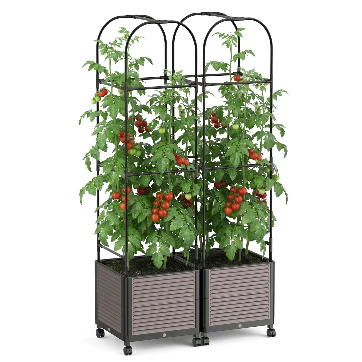 UrGROWA Raised Garden Bed Planter Box with Trellis, 61''H Tomato Planters for Climbing Plants Vegetable Vine Flowers Outdoor Patio Tomato Cage, Self Watering Planter with Wheels