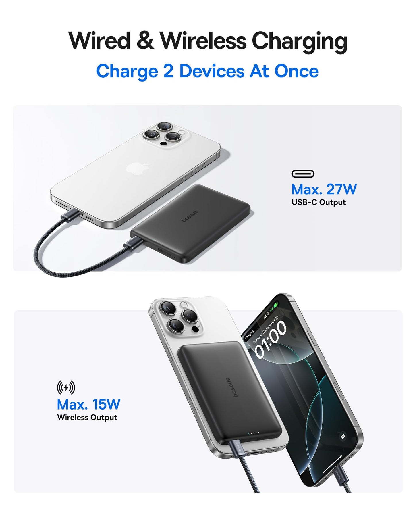 Baseus Picogo Magsafe Portable Charger, Qi2 Certified 0.5" Ultra Slim 15W Wireless Power Bank, 10000mAh 27W Fast Charging Magnetic Battery Pack with USB-C for iPhone 17/16/15/14/13/12 Series Only