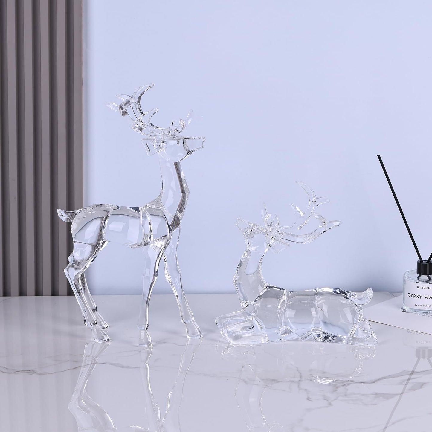 Deluxe Acrylic Christmas Deer Figurines Set of 2, White Clear Reindeer Figurines, Deer Statue and Sculpture for Holiday Reindeer Christmas Indoor Decoration Table Top High End Clear Crystal Finish