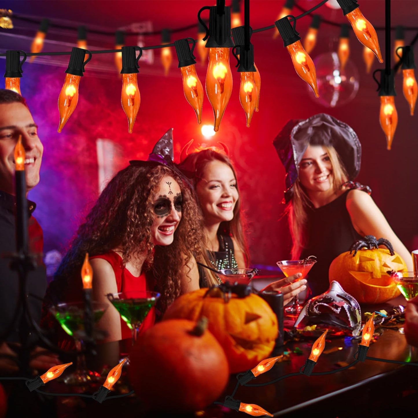 Glowzy Halloween Lights Flickering Flame String Lights with 12 Pack C7 Orange Flame Light Bulbs (2 Spare), 12.8Ft Orange Flame String Lights for Indoor Outdoor Home Party Yard Halloween Decorations