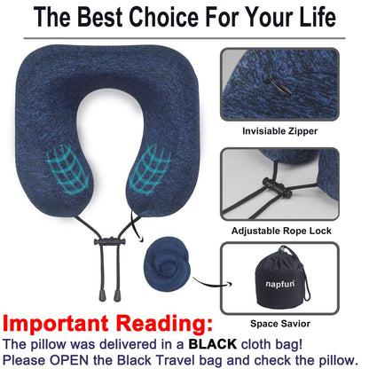 napfun Neck Pillow for Traveling, Upgraded Travel Neck Pillow for Airplane 100% Pure Memory Foam Travel Pillow for Flight Headrest Sleep, Portable Plane Accessories, Light Grey