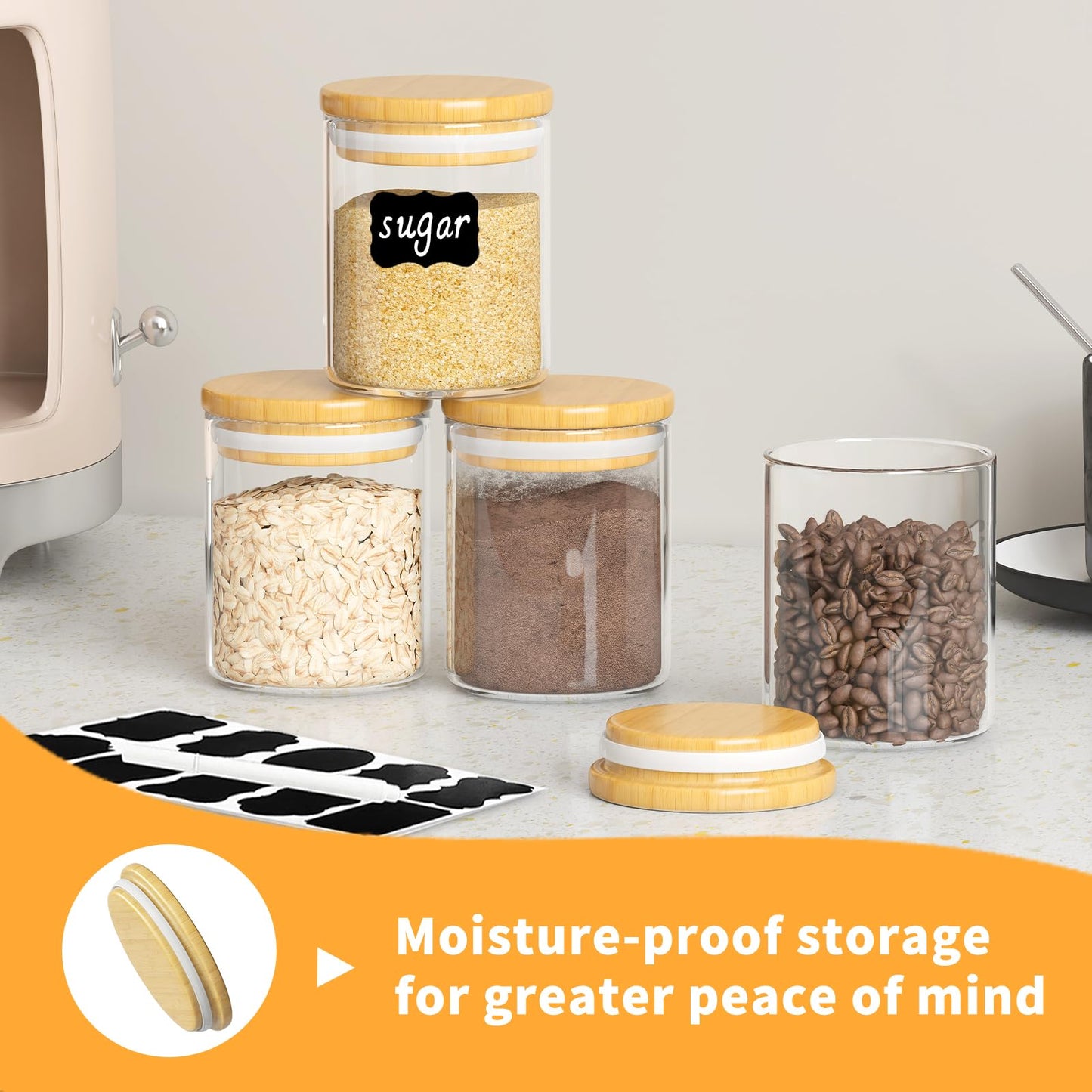 15Pcs 6oz Glass Spice Jars, Airtight Bamboo Lid Containers with Labels