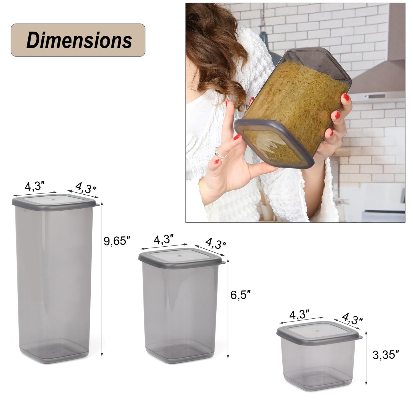 T&D HOME GOODS Storage Jars with Lid, Airtight, Set of 12 Storage Containers, BPA-Free, Storage Container for Cereal, Flour, Kitchen, Practical Organiser Kitchen, (12, 3 Square diff size)