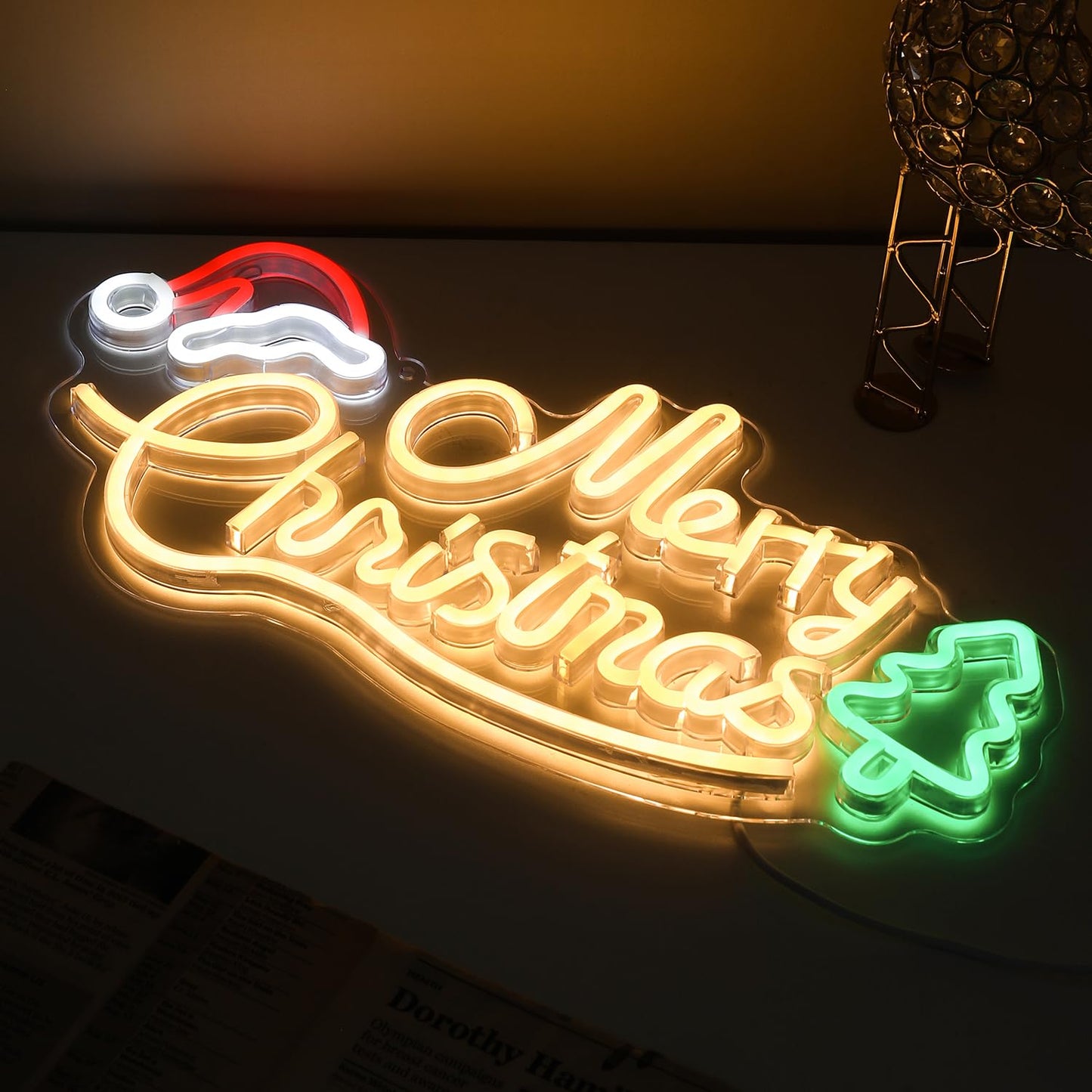 JoyHue Merry Christmas Neon Signs, 16.7*7.9Inch LED Christmas Lights with Xmas Tree and Santa Hat for Wall, Window, Party, Bar, Pub, Club, Kids Bedroom Decorations and Gifts, USB Powered