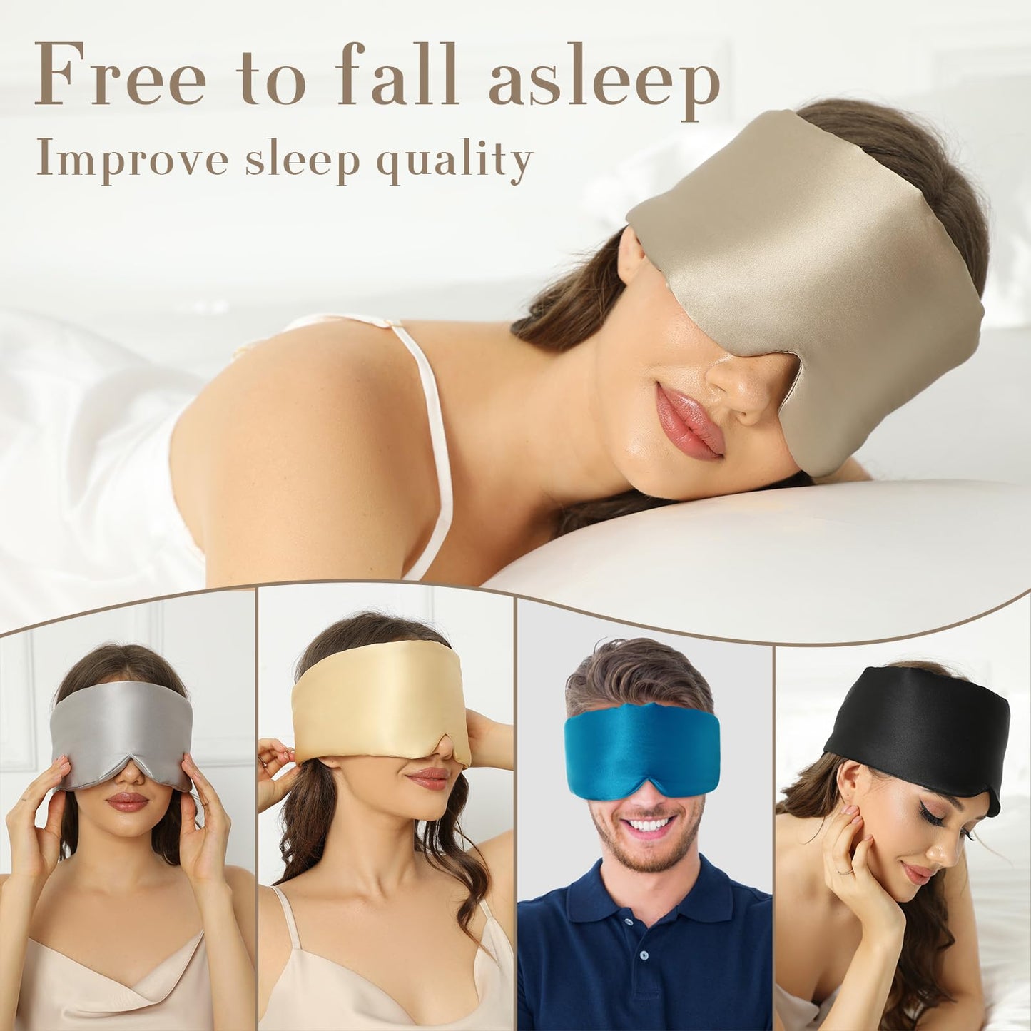 100% Mulberry Silk Sleep Mask Eye Mask for Women Man with Adjustable Band, for Side Sleeper Blackout Sleep Mask for Travel Rest and Office Large Size (Taupe)