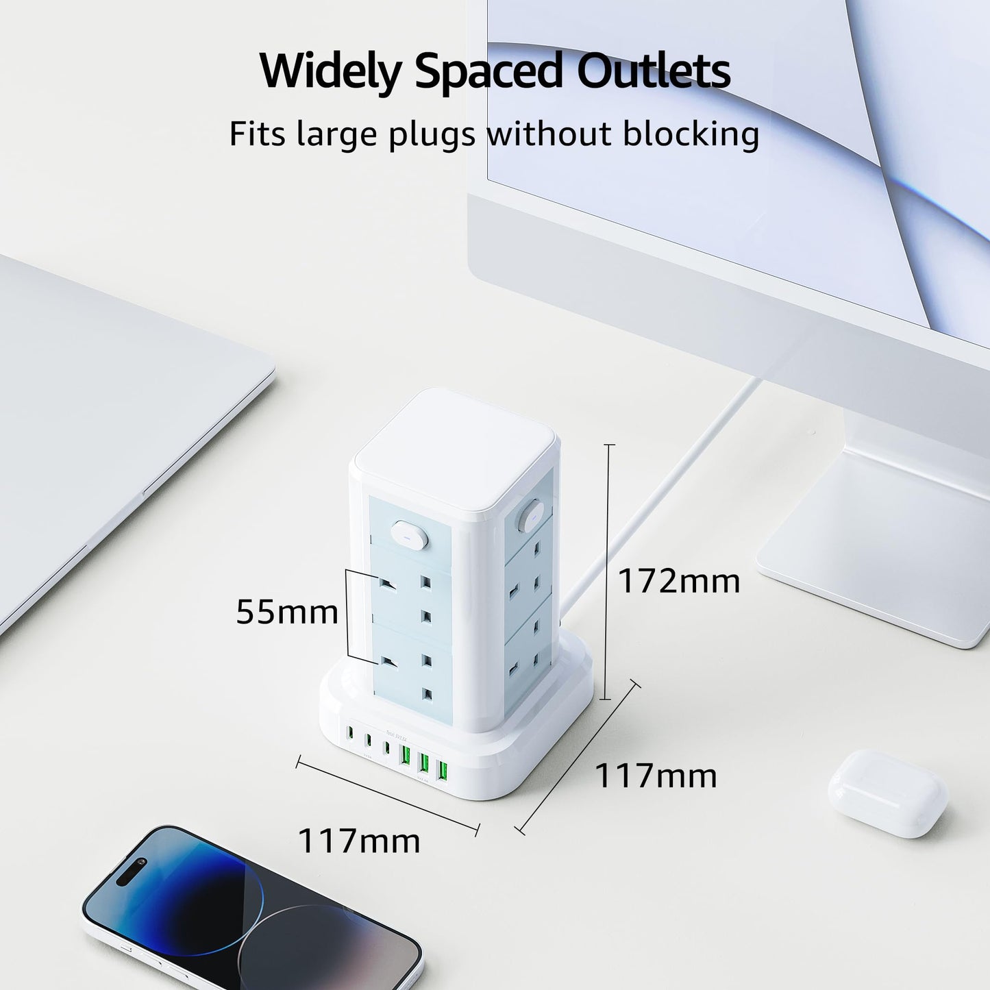 Tower Extension lead with USB Slots, Toomke 8 Way (13A/3250W) Plug Extension Socket Tower with 3 USB C and 3 USB A, Overload Protection Extension Cord with 4 Independent Switches, Power Cord 1.8M
