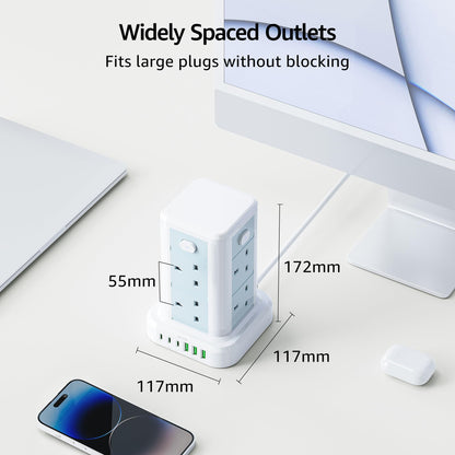 Tower Extension lead with USB Slots, Toomke 8 Way (13A/3250W) Plug Extension Socket Tower with 3 USB C and 3 USB A, Overload Protection Extension Cord with 4 Independent Switches, Power Cord 1.8M