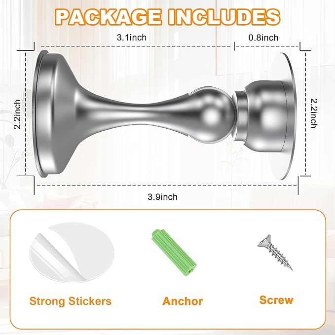 Crosize Magnetic Door Stoppers 6 Pack, Stainless Steel Door Stops for Wall and Floor Mounting, Door Holder Keep Door Open, No Drilling Door Stop with 3D Adhesive Tapes, Silver