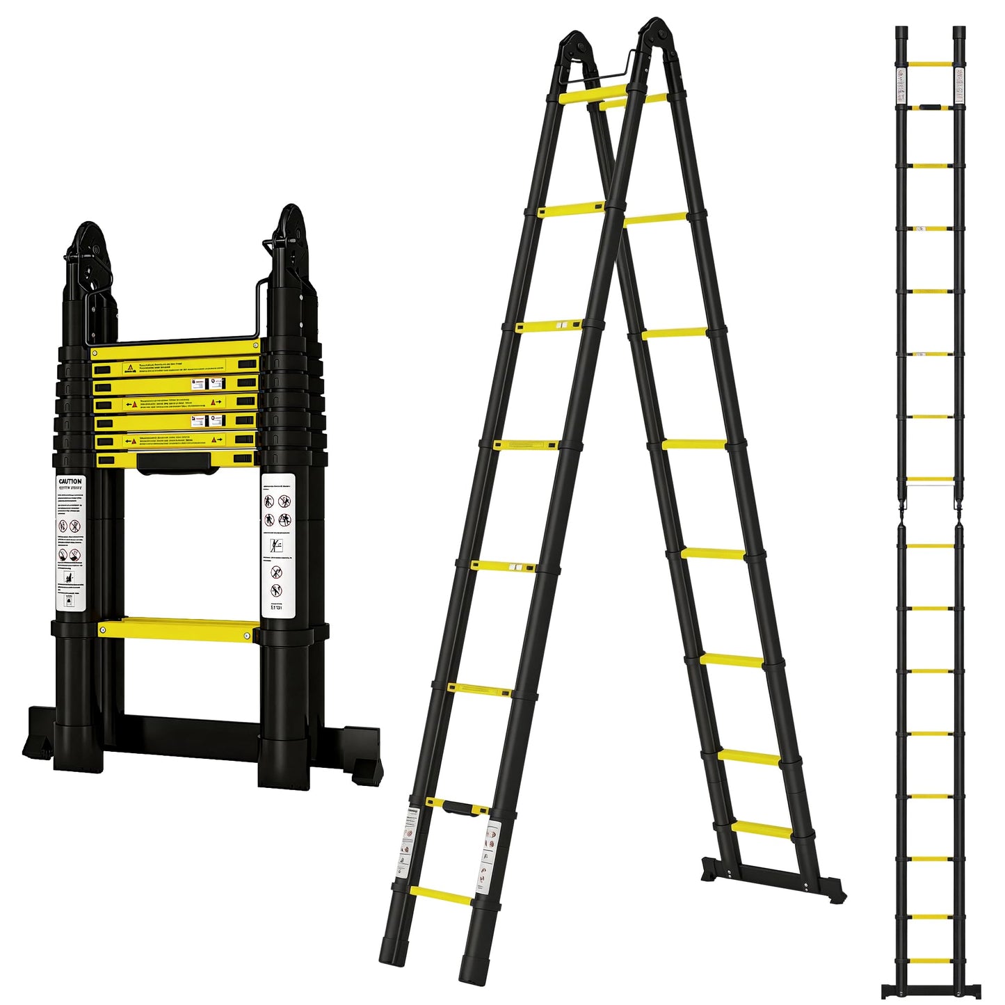 Telescoping Ladder A Frame 16.5Ft Aluminum with Stabilizer Bar, 330 LBS Capacity, Collapsible Extension Ladder for House, Roof, RV & Travel Trailer(Black+Yellow)