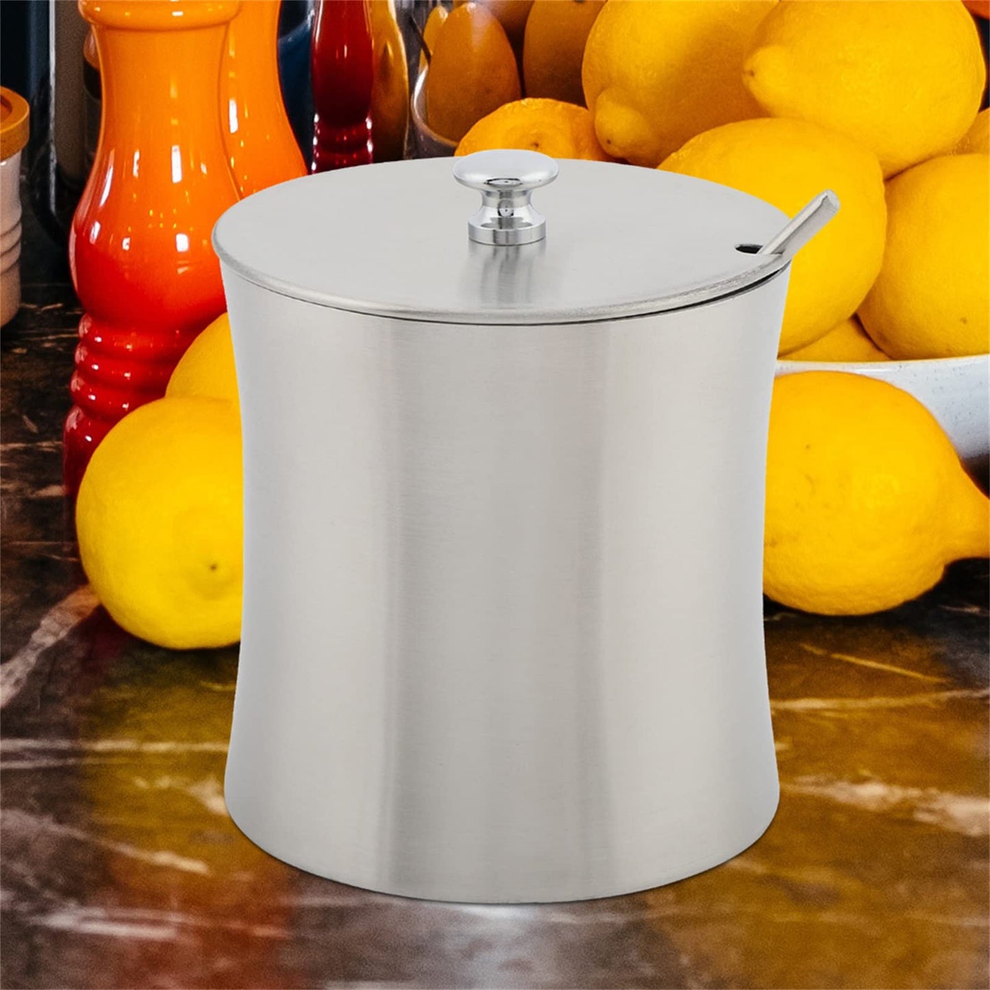 Oumefar Sugar Bowl Stainless Steel Jar Salt Pot Condiment Pot with Lid and Serving Spoons Kitchen Seasoning Container for Home Kitchen Restaurant