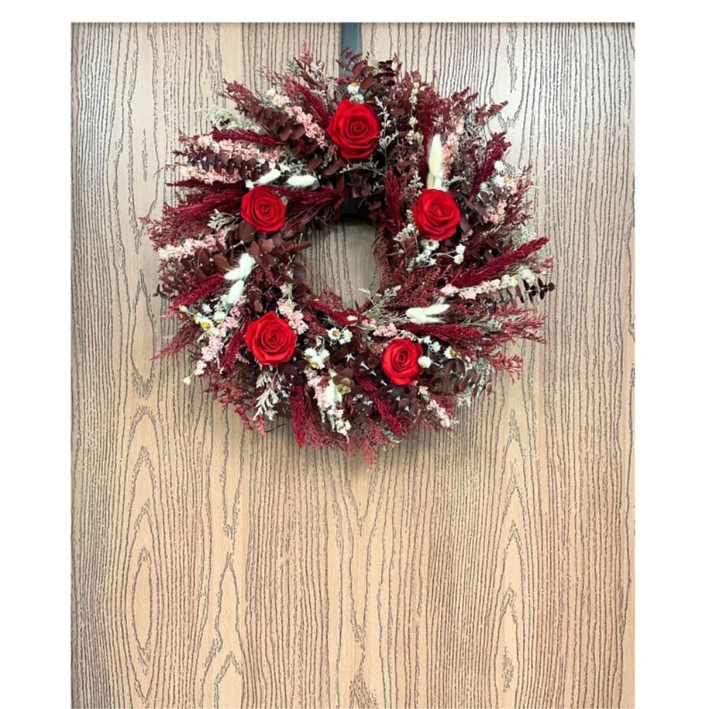 All Natural Preserved Red Rose Wreath, Handmade with Real Preserved Roses and Burgundy Eucalyptus, 20 Inch Dried Floral Wreath for Front Door and Wall Decor