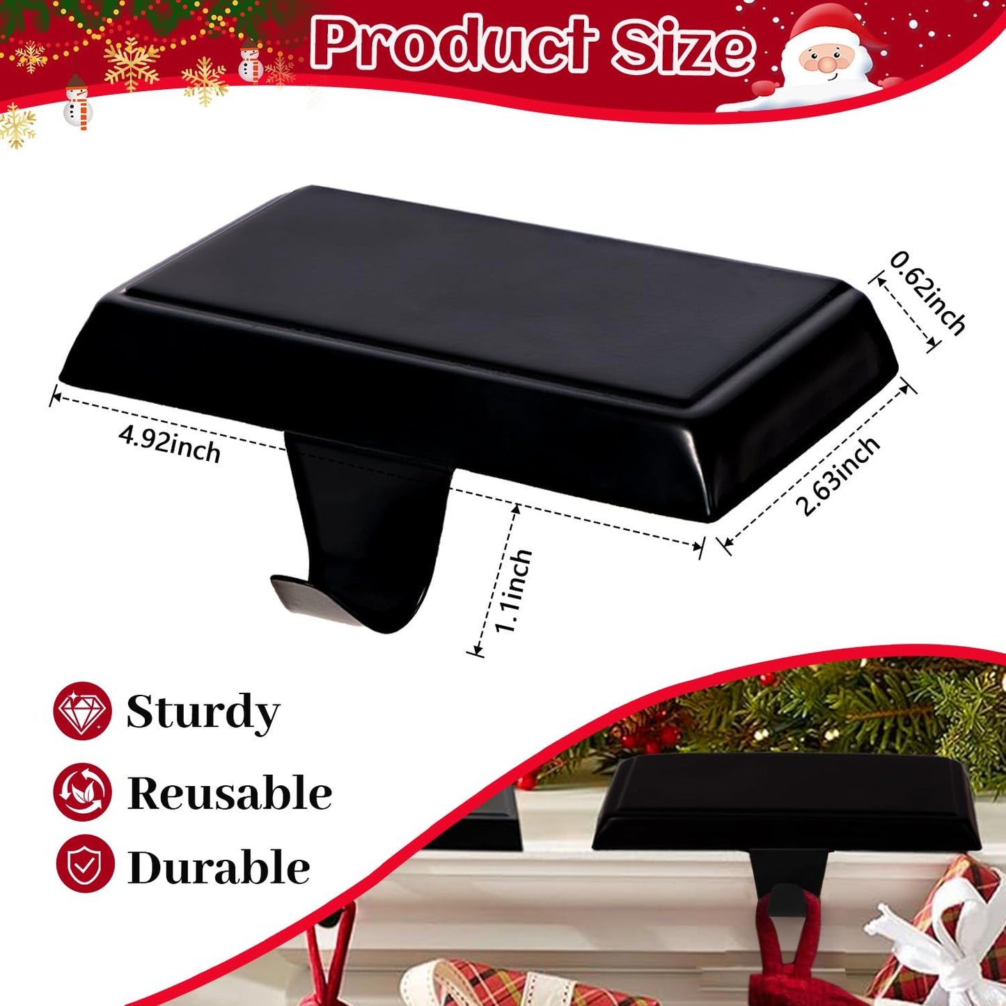 Ulico Christmas Stocking Holders, Mantel Stocking Hangers, Weighted Metal Hanging Hooks, Stocking Holders Bases for Mantel, Fireplace Xmas Party Decoration (Black, 2 Pcs)
