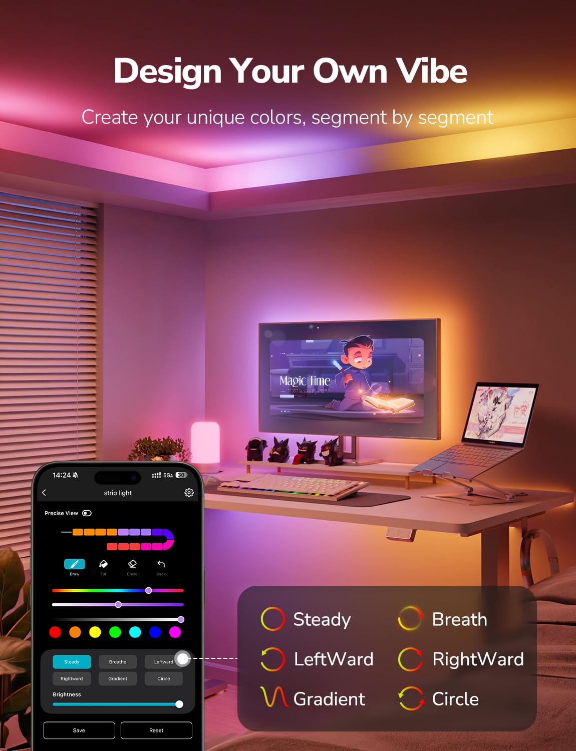 Lepro S1 AI LED Strip Lights for Bedroom - 65.6ft Smart RGB Light Strips with IC and Rainbow Chasing Effects, Color Segment DIY, Personalized Al Lighting Designer, No Remote, 2.4G Wi-Fi & Bluetooth