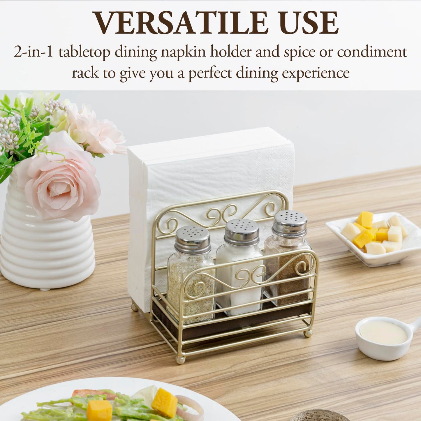 MyGift 2-in-1 Disposable Napkin and Salt & Pepper Caddy, Brass Tone Metal Vintage Scrollwork Dinner Table Paper Towel Condiment Holder with Rustic Burnt Solid Wood Base