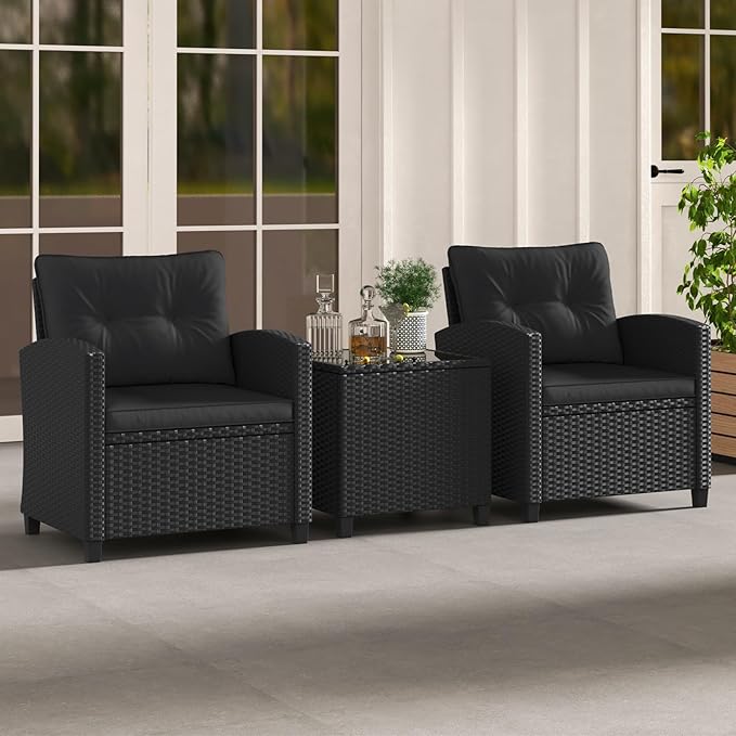 HAPPYGRILL 3 Pieces Wicker Patio Conversation Set, PE Rattan Bistro Sofa Set