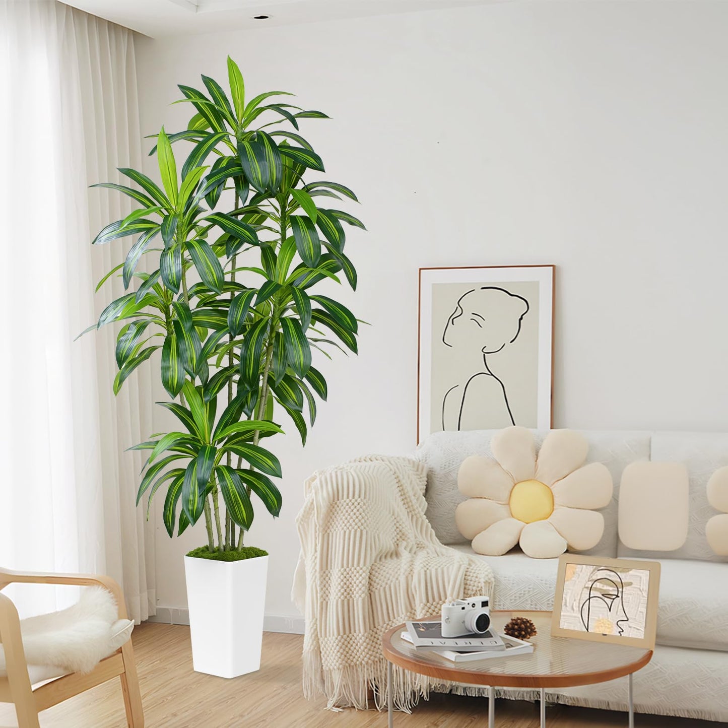 ZEEOZE Dracaena Plant Artificial Tree 7Ft Tall Fake Tropical Floor Plants Potted (Real Touch) Artificial Silk Tree Leaf Faux Trees White Tall Planter for Home Office Living Room Indoor Outdoor Decor