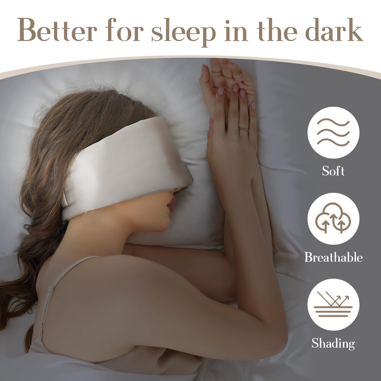 100% Mulberry Silk Sleep Mask Eye Mask for Women Man with Adjustable Band, for Side Sleeper Blackout Sleep Mask for Travel Rest and Office Large Size (Taupe)