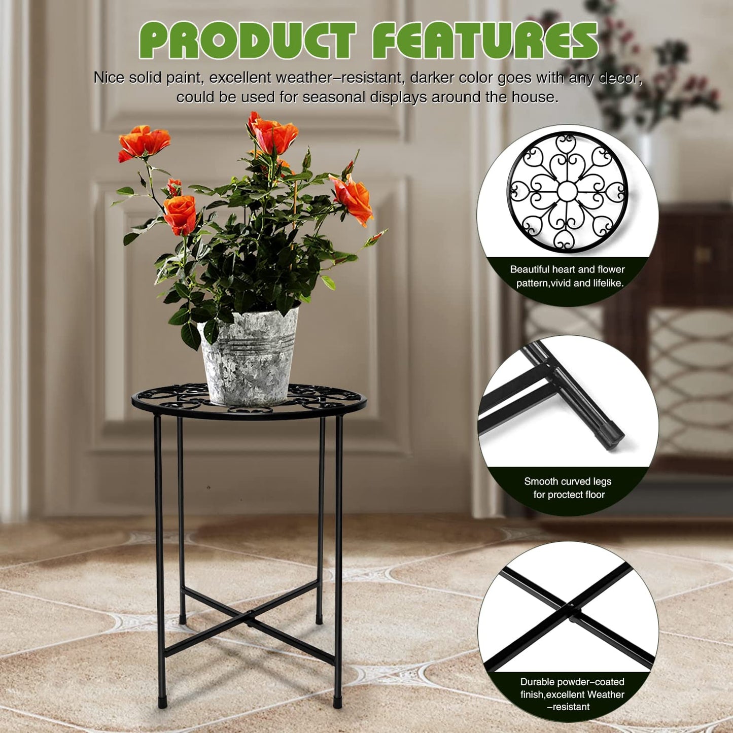 KABB Metal Plant Stand, 15'' Tall Flower Pot Stand Set of 2, Modern Rustproof 10-inch Round Outdoor Plant Stand | Iron Art Flower Stand | Plant Stool, Decorative Black Plant Stands for Indoor Plants