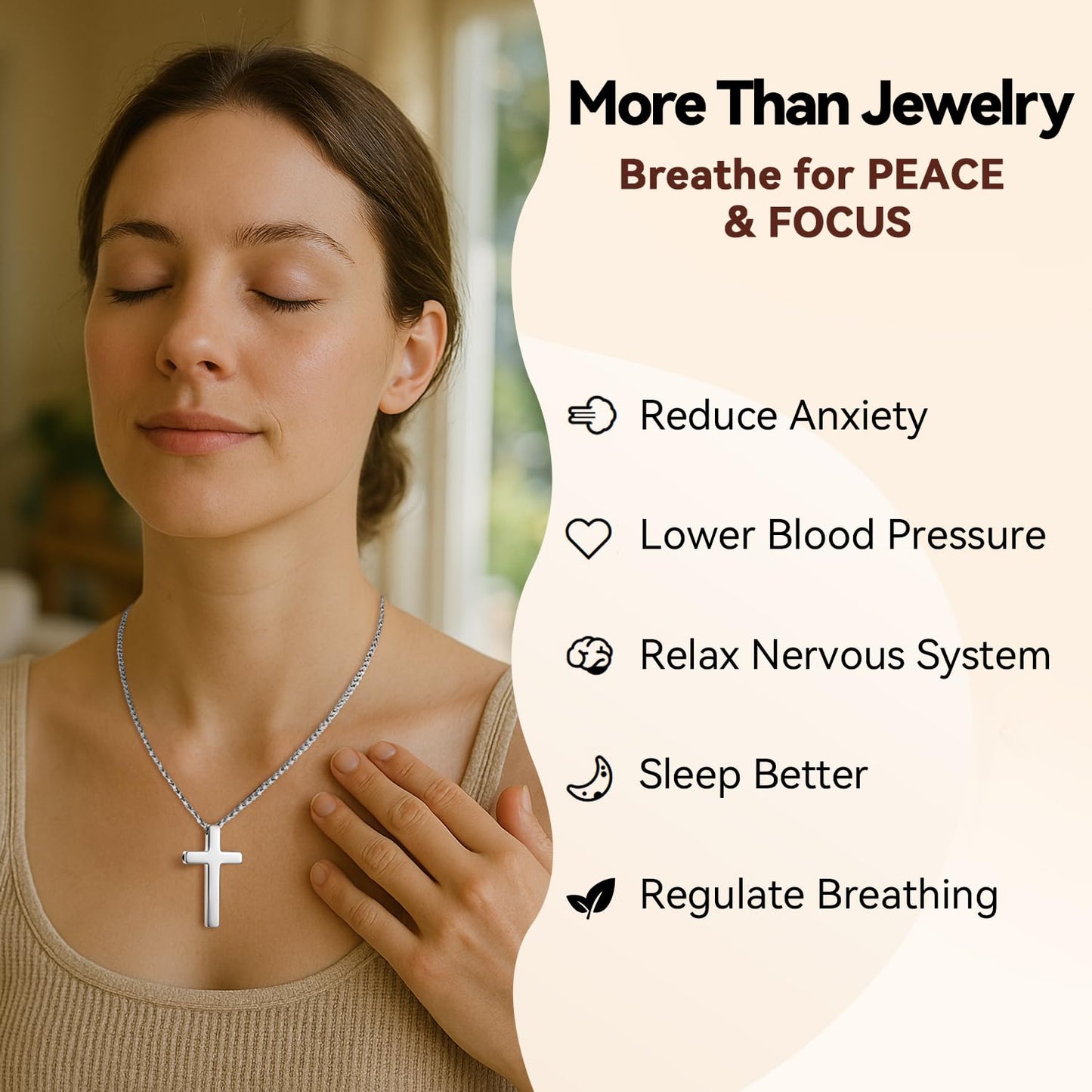 FUNPAR Cross Breathing Necklace for Anxiety Relief and Relaxation, Breathlink Design Quit Smoking Aid, Stainless Steel Mindfulness Tool to Calm, Stylish Wellness Gift for Adults(Silver 1:8)
