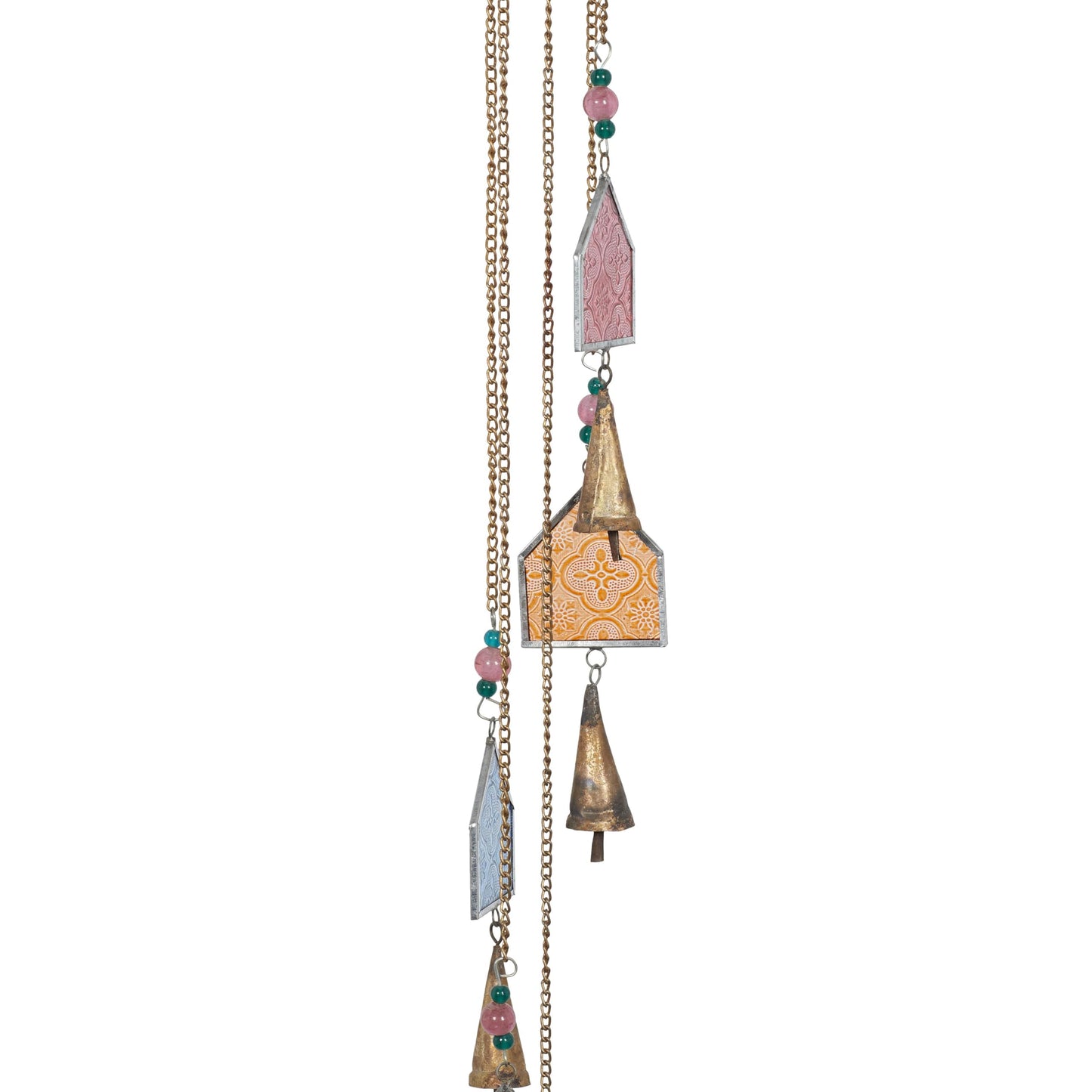 Deco 79 Glass Glass Bottle Windchime with Beads and Cone Bells, 3" x 3" x 41", Blue