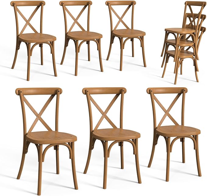 VINGLI Plastic Outdoor Dining Chairs Set of 6, Stackable Patio Farmhouse Brown Dining Chairs with X Back, Waterproof Kitchen & Dining Room Chairs for Indoor-Outdoor, Capacity 400 lbs