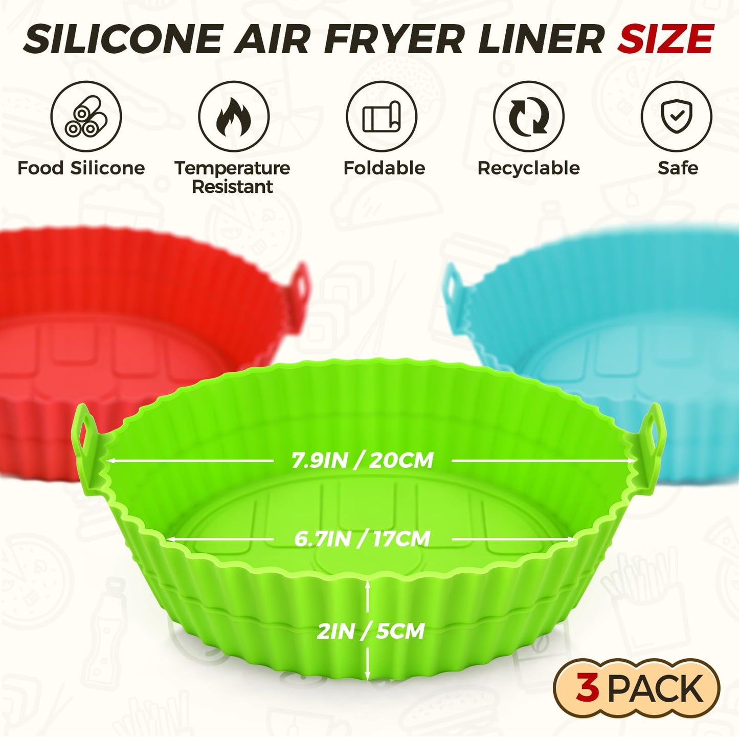 Buauty 3 Pack Air Fryer Silicone Liners 8inch Air Fryer Silicone Pot Reusable Food Grade Silicone Airfryer Liners Baking Basket Accessories Replacement of Flammable Disposable Parchment Paper