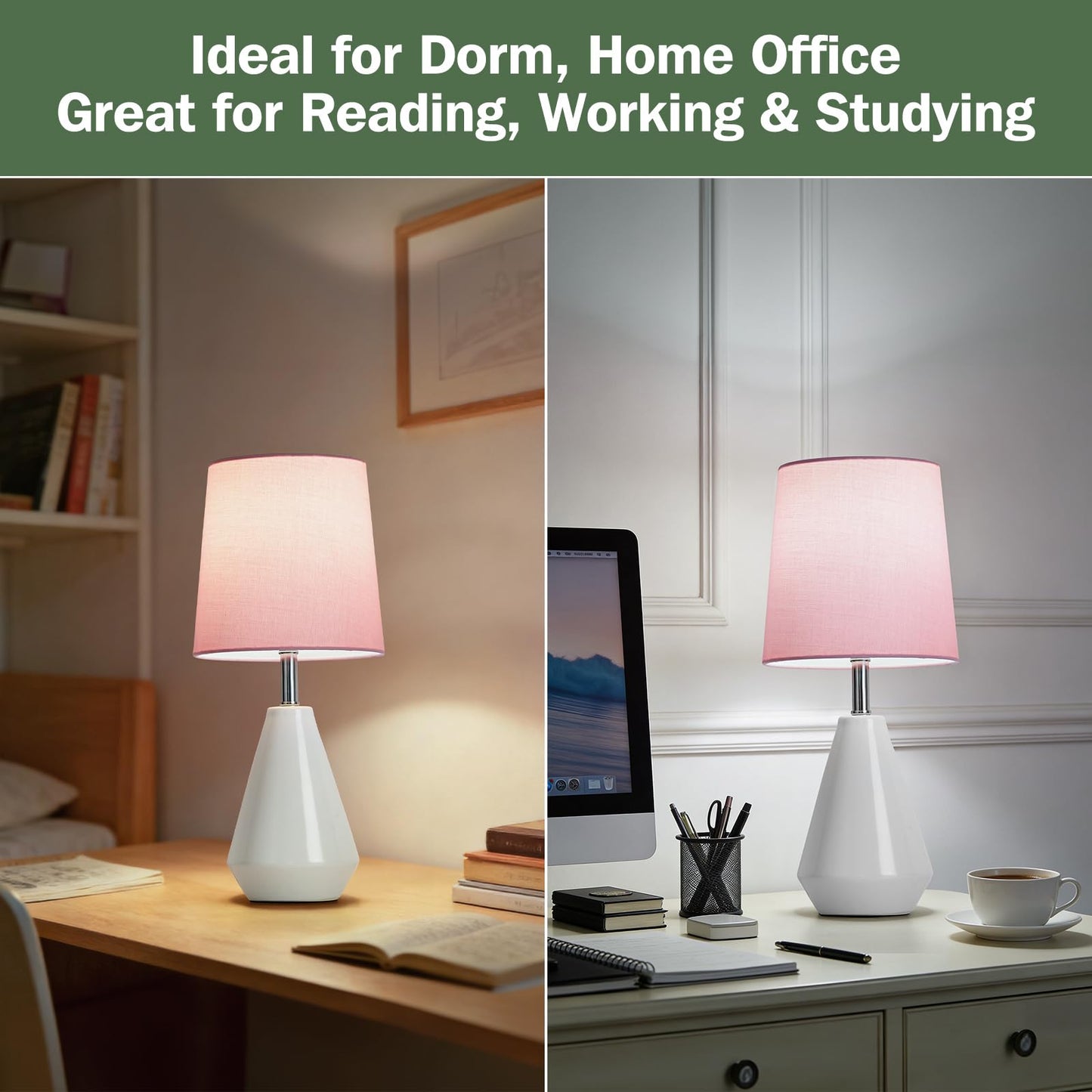 bdayanx Small Bedside Table Lamp for Bedroom-Reading Desk Lamp Set of 2,with 3 Color Temperatures,15.5" Nightstand Ceramic Lamp with Fabric Shade for Kids Room,Living Room,Dorm,Home Office