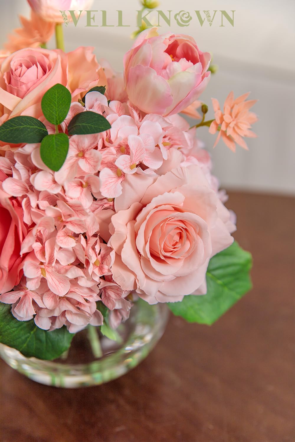 WELL KNOWN Artificial Flowers in Vase with Fake Water, Peach Pink Silk Peony Rose Tulip Spring Flower Bouquet for Home Birthday Party Wedding Dining Table Centerpieces Office Decor Mom's Gift
