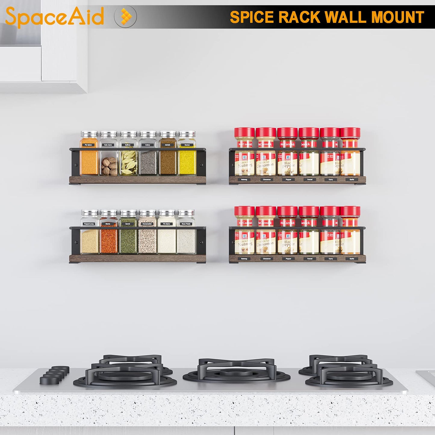 SpaceAid Spice Rack Organizer for Cabinet Door or Wall Mount (4 Pack) with 415 Spice Labels - Wood Hanging Seasoning Shelf for Cupboard Pantry or over the Stove