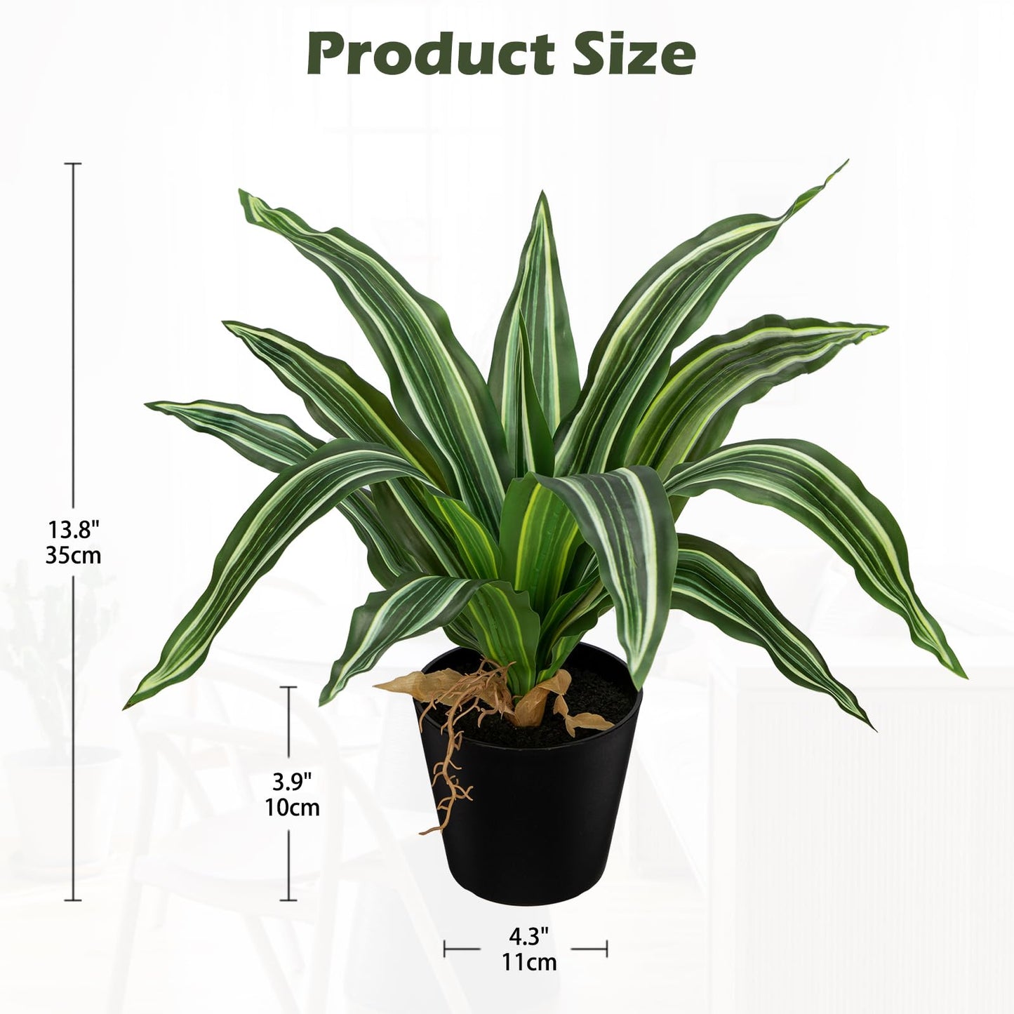 DILATATA Artificial Dracaena Plant in Black Pot 13.8 Inch Faux Potted Dracaena Silk Plant Fake Yucca Tree Tropical Plant for Home Office Living Room Indoor Outdoor Decor