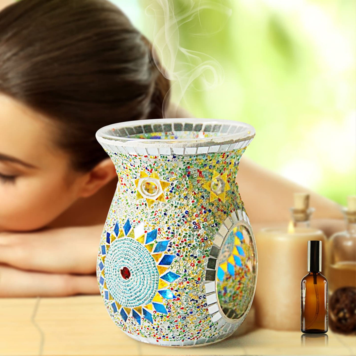 Lyellfe 2 Pack Essential Oil Burner, Fragrance Oil Warmer, Decorative Tealight Candle Holder, Incense Aromatherapy Oil Diffuser, Scented Wax Warmer for Gift Home Table Decor, Mosaic Glass