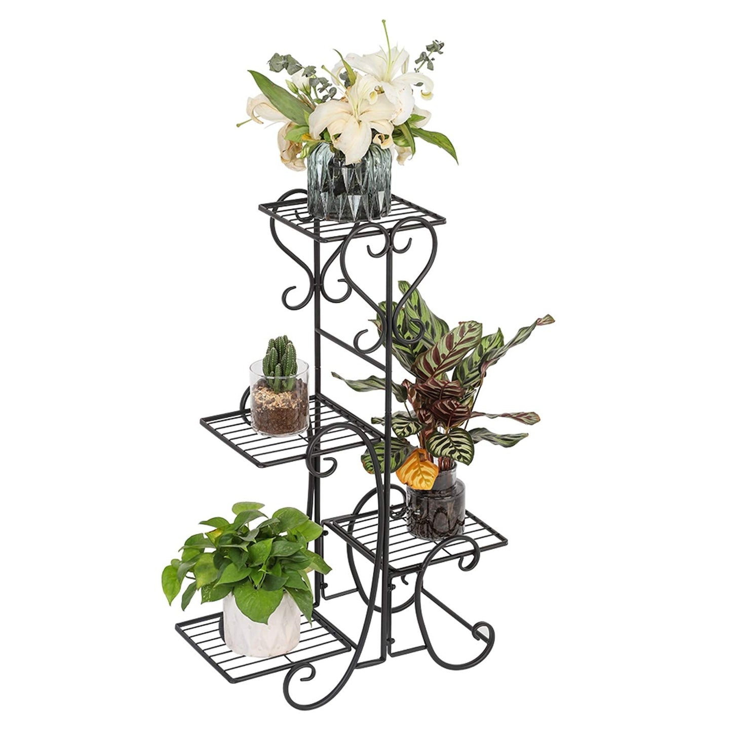 Plant Stand Indoor Outdoor - 4 Tier Corner Shelf Shelves Decoration Display Rack - Metal Wrought Iron Multi Flower Planter Potted Holder Organizer for Living Room Balcony Garden Patio Black
