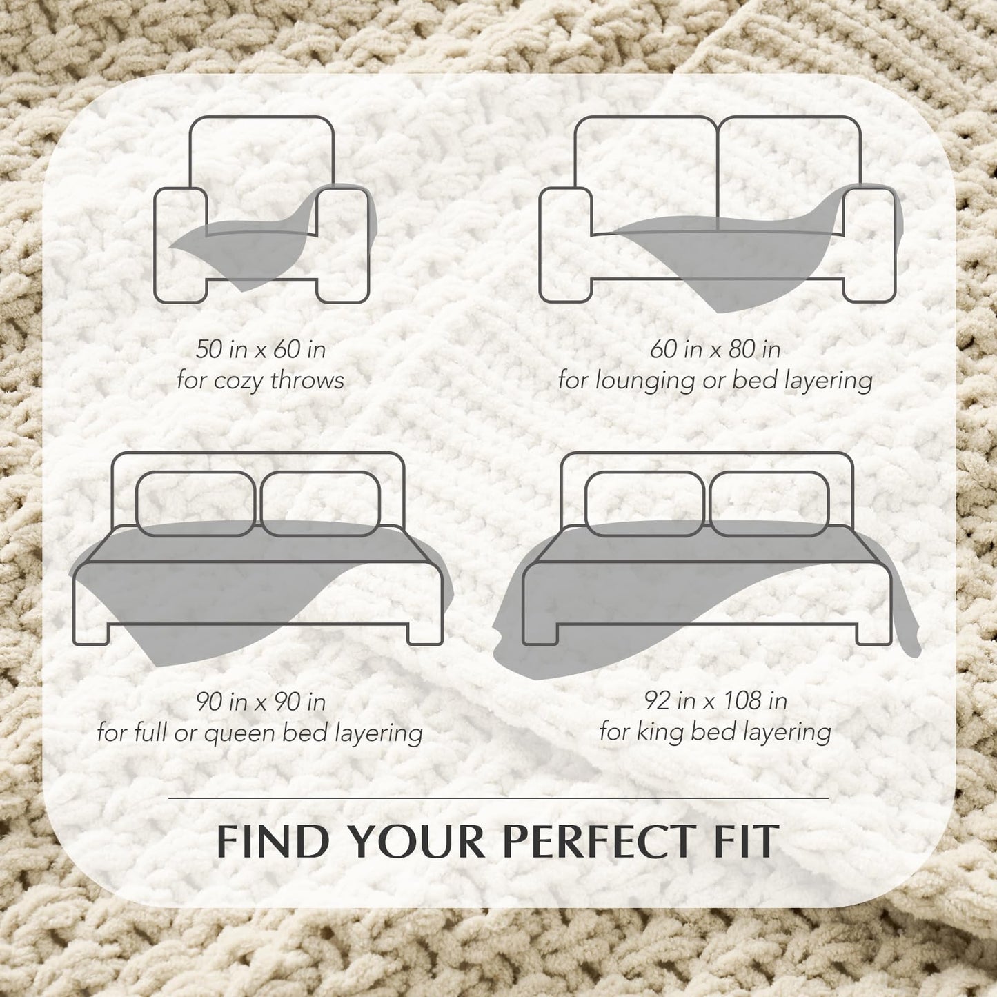 EVERGRACEHOME Chunky Chenille Knit Throw Blanket for Couch, Soft Luxurious Oversized Queen Moss Stitch Blanket for Bed, Cozy Farmhouse Knitted Throw for Sofa, Beige, 90" x 90"