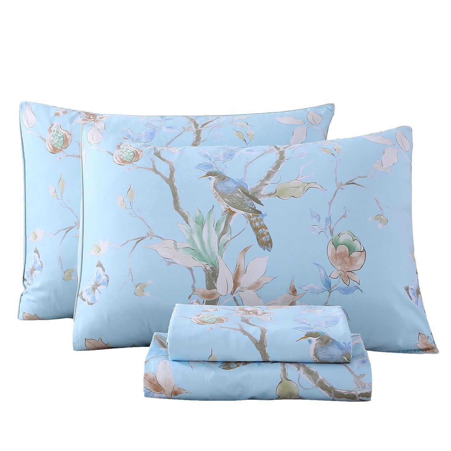 RYNGHIPY Egyptian Cotton Bed Sheet Set Blue Bird Botanical Pattern Bed Sheets Deep Pocket Fitted Sheet Tree Branches Print Bedding Soft Breathable (Light Blue,Queen Size)