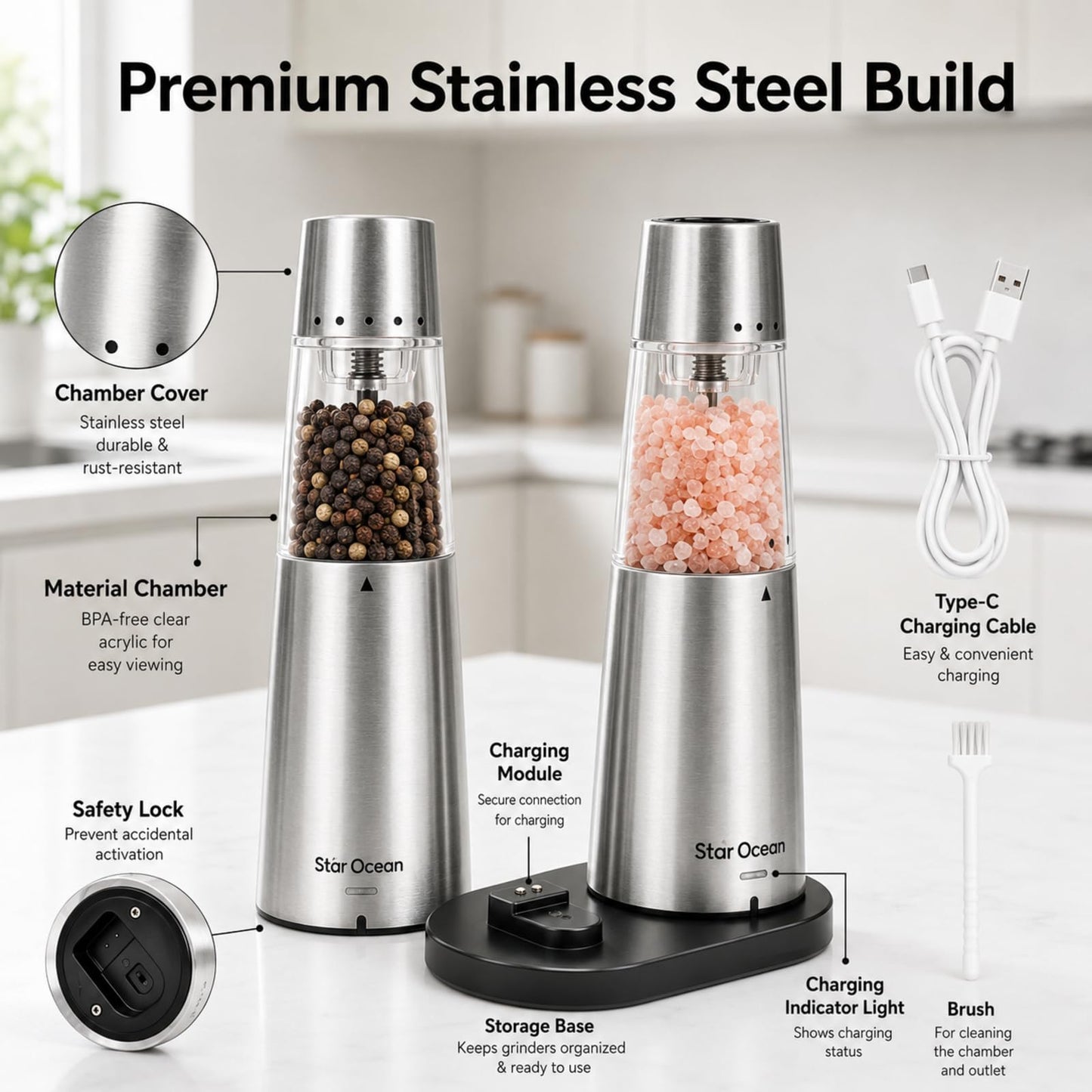 StarOcean Rechargeable Electric Salt and Pepper Grinder Set with USB-C Charging Base, Stainless Steel Automatic Gravity Grinders, 5 Adjustable Coarseness, Kitchen Gift