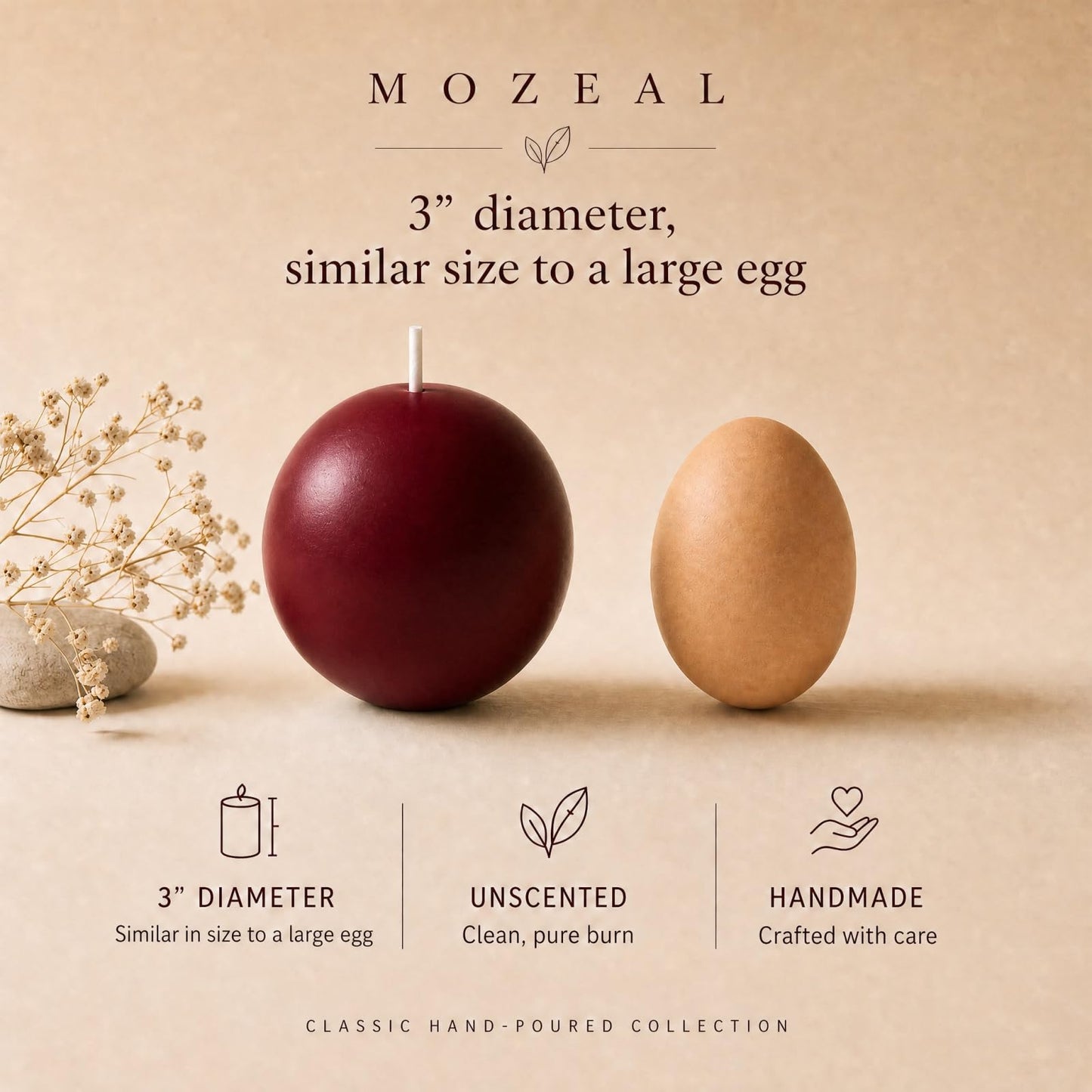 MOZEAL Hand-Poured, 3 Inch Dark Red Round Ball Candles - Elegant Dark Red Round Pillar Candles Set of 3, Dripless, Unscented, Smokeless, Ideal for Intimate Gatherings.