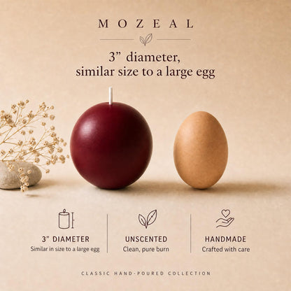 MOZEAL Hand-Poured, 3 Inch Dark Red Round Ball Candles - Elegant Dark Red Round Pillar Candles Set of 3, Dripless, Unscented, Smokeless, Ideal for Intimate Gatherings.