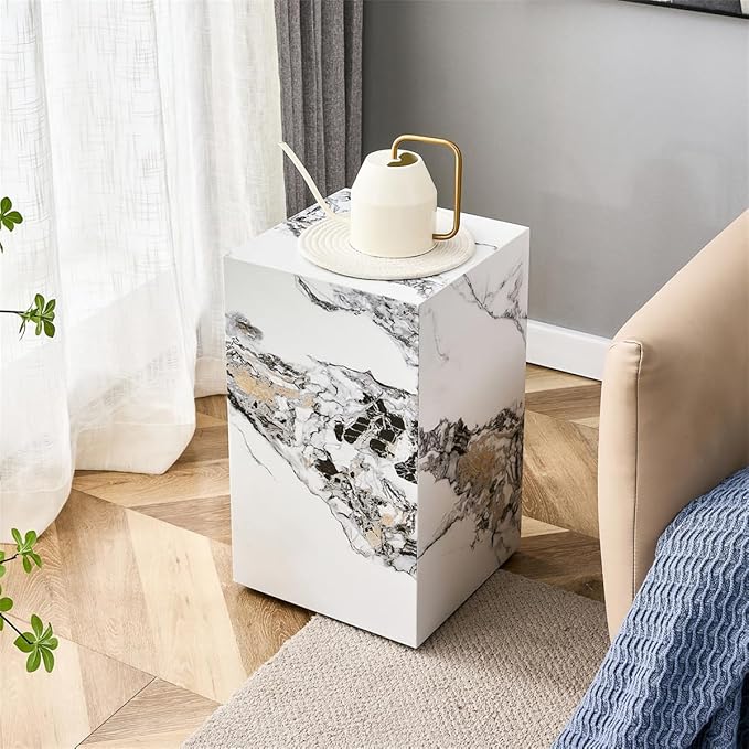 End Table, Side Table Living Room Table, Faux Marble Sofa Couch White Bedside