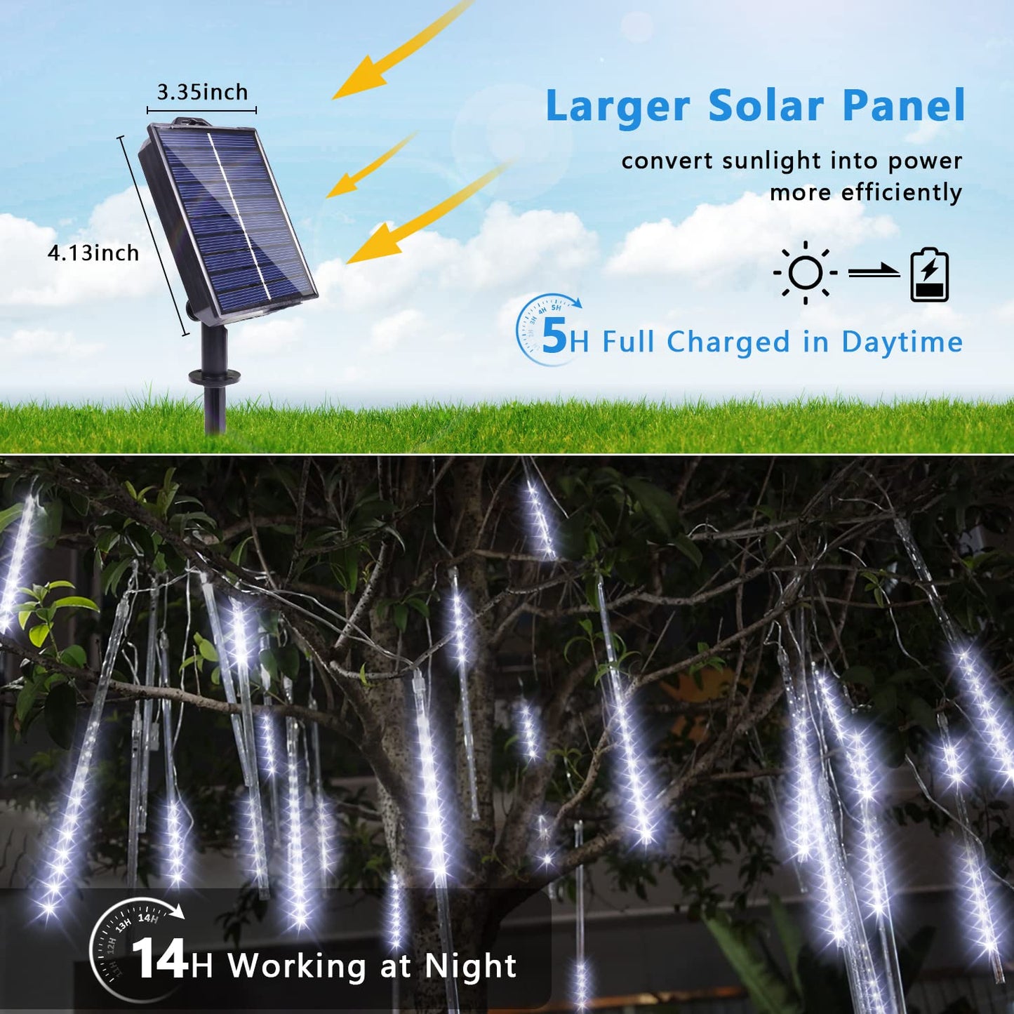 Blingstar Meteor Shower Lights - 10 Tube 16 Inch 360 LED Solar Powered Waterproof Falling Rain Lights in Cool White - Perfect for Outdoor Christmas & Halloween Decoration