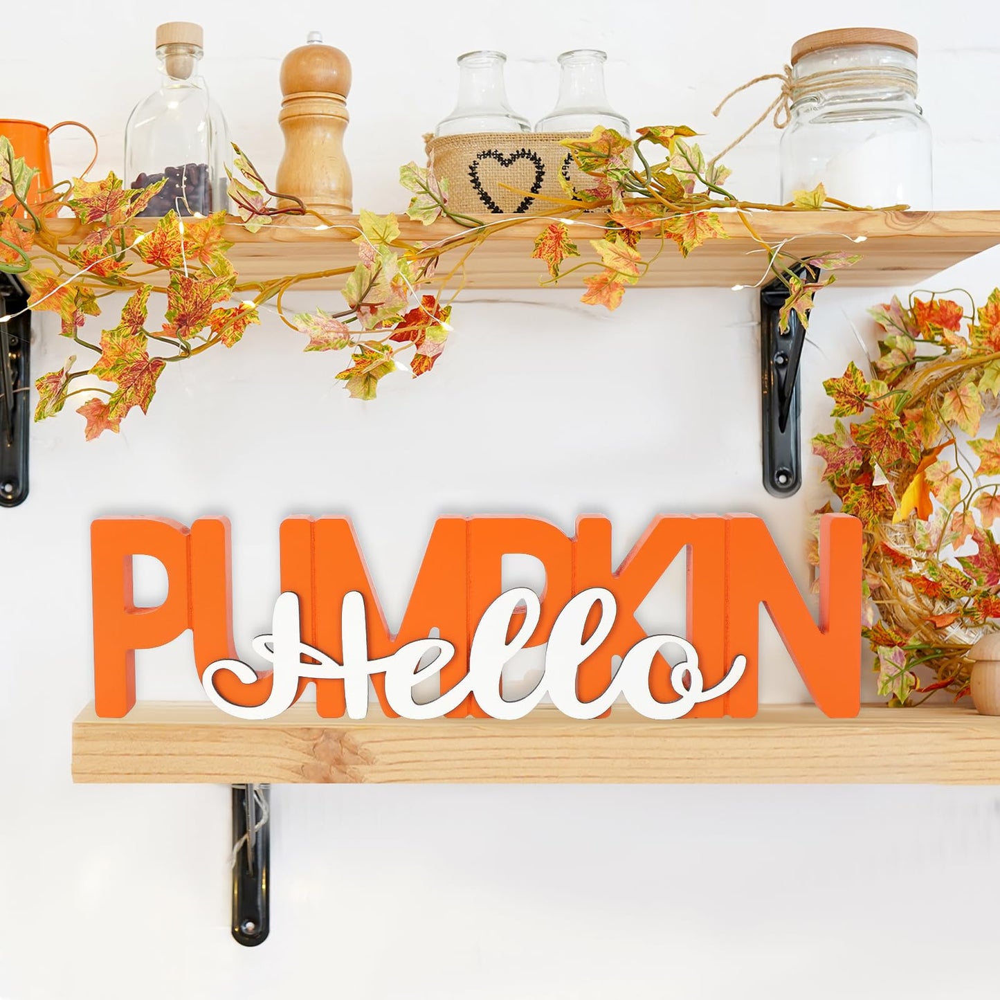 COCHIE Wooden Hello Pumpkin Sign, Fall Decorations for Home, Office, Shelf, Mantel, Indoor, Wood Autumn Decor, Fall Table Top Party Decoration (Hello Pumpkin)