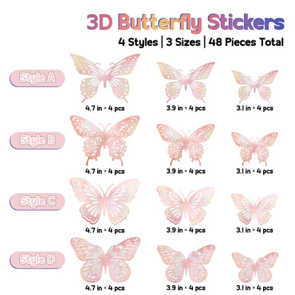 Phuryllic Butterfly Wall Decor, 48pcs 3D Butterfly Stickers in 3 Sizes & 4 Styles for Balloon Arch & Cake Decorations, Cute Decals for Girls Room & Birthday Party, Laser Pink